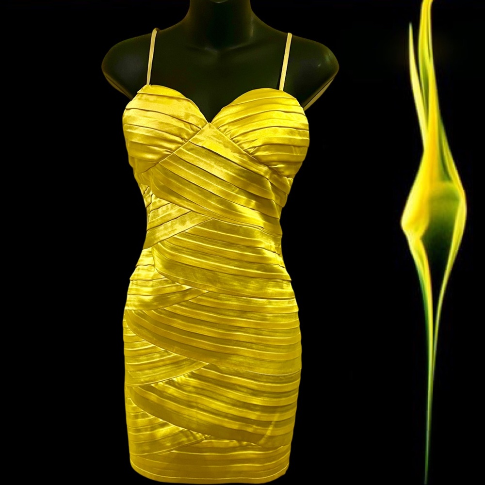Pleated satin cocktail mini clubbing bright yellow strappy tank dress